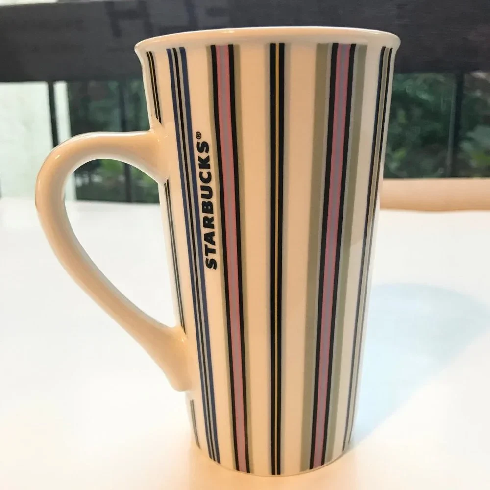 Starbucks Tall Ceramic Candy Striped Coffee Mug Cup Green Pink Blue Yellow